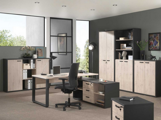 Ensemble de bureau contemporain chêne et noir avec armoires de rangement